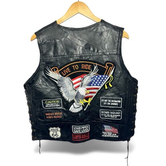 Biker Vest Mens XL Buffalo Leather Diamond Plate Live to Ride Motorcycle Patches - Picture 1 of 16